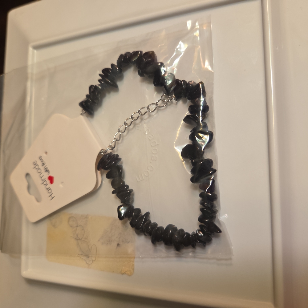 Black Stone Chip Bracelet with Silver Clasp